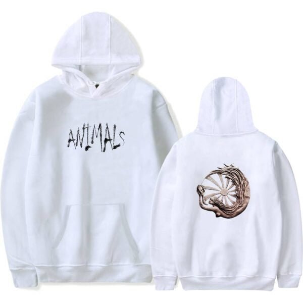 High quality white hoodie with bold "Animals" text on the front and a detailed animal wheel graphic on the back, offering affordable, stylish, and durable merchandise.