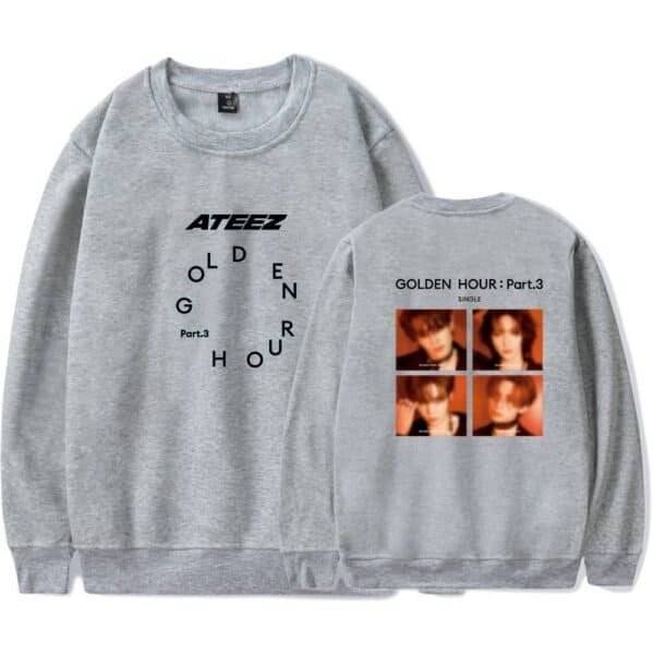 Ateez Golden Hour Part 3 sweatshirt, grey fabric with black text and photo print, comfortable and stylish merchandise.