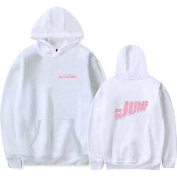 High-quality white hoodie featuring BLACKPINK logo on the front and "BUMP" graphic on the back, affordable yet stylish merch option.