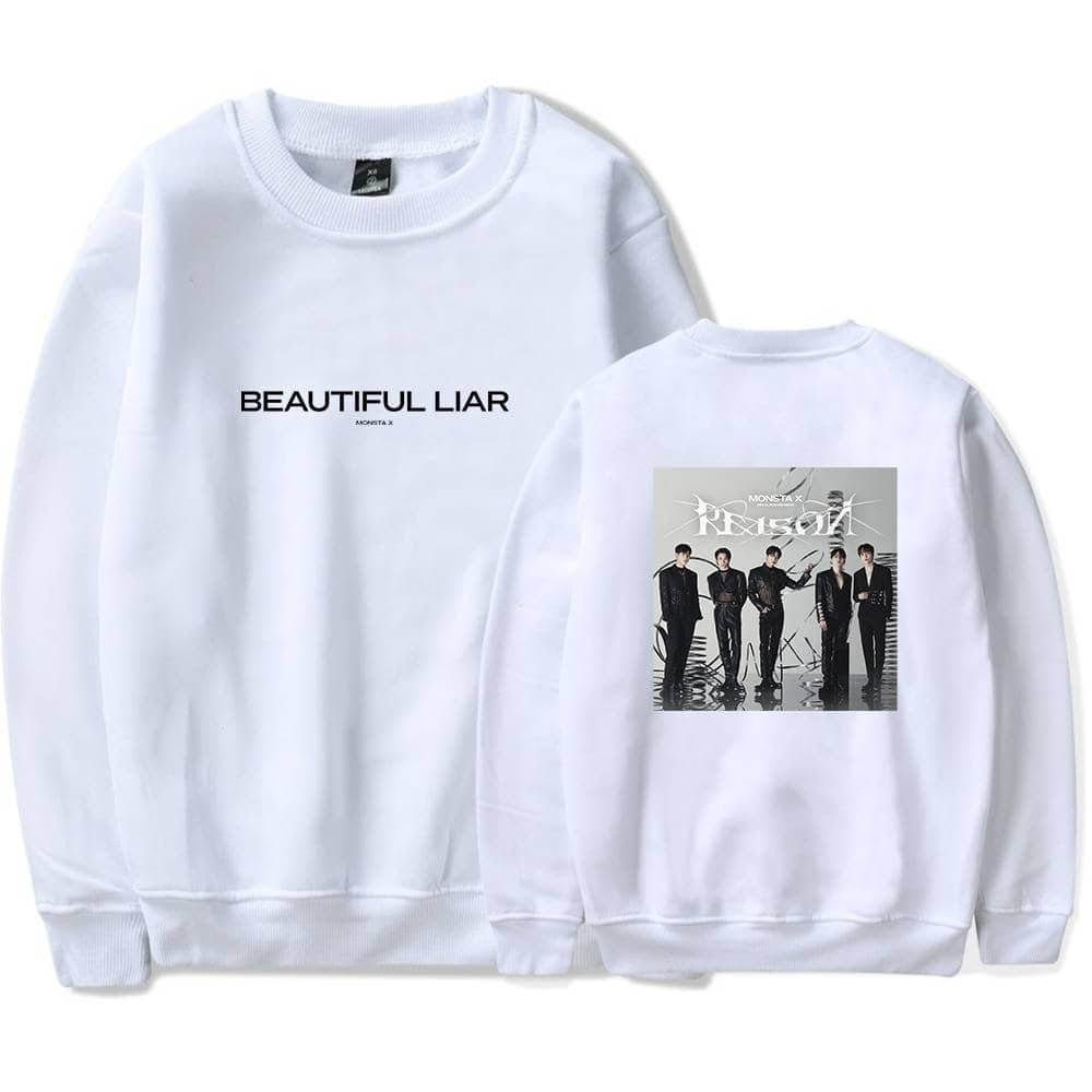 Blank white hoodie featuring "BEAUTIFUL LIAR" text on the front and a group photo of MONSTA X on the back, stylish and affordable.