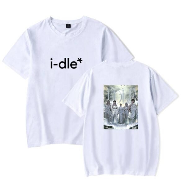 I-dle* white graphic T-shirt, affordable high-quality merch featuring BTS-inspired designs and K-pop band imagery. Perfect for fans seeking stylish, budget-friendly apparel.