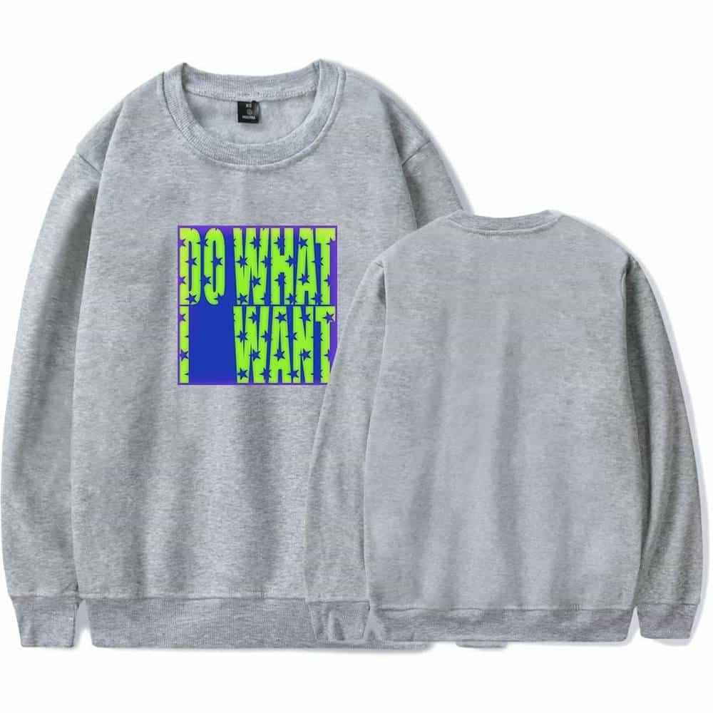 Fun gray sweatshirt featuring bold "DO WHAT" text in vibrant green and blue, perfect for cheap high-quality merch. Stylish and comfortable, ideal for casual wear or team apparel.
