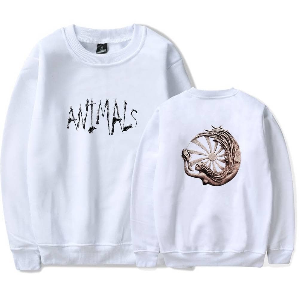 Cheap high quality merch white sweatshirt with animal and wheel graphic design, casual streetwear, trendy and affordable clothing, suitable for everyday wear, stylish and comfortable.
