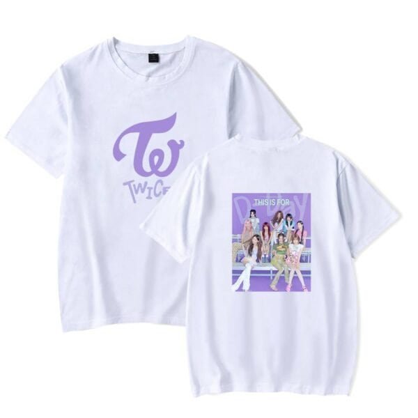 Twice girl group T-shirt with colorful graphic print, perfect for fans, featuring the group's logo on the front and an illustrated group photo on the back, affordable and high quality merchandise.