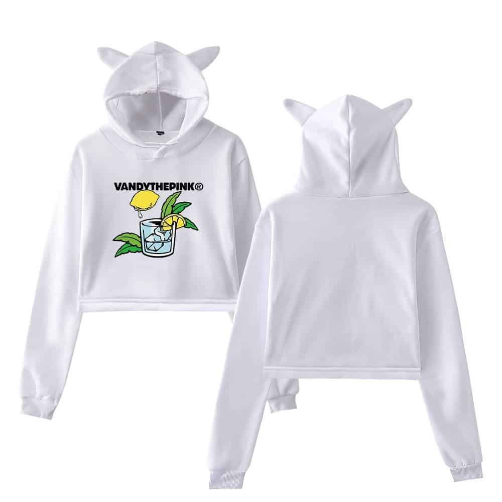 Vandythepink lemonade graphic hoodie and sweatpants set, white with fun lemon and drink design, featuring playful cat ear hoods, perfect for affordable stylish casual wear.