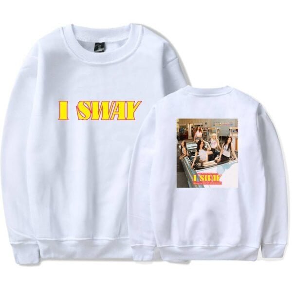 I SWAY sweatshirt with vibrant yellow and red text on the front and a colorful photo print on the back, perfect for affordable, high-quality streetwear.