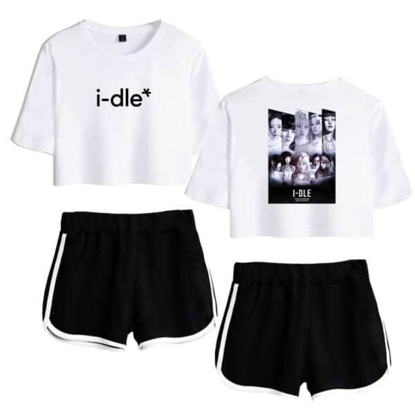 I-dle graphic t-shirts and sporty black shorts with white trim, affordable high-quality merchandise, perfect for fans and casual wear.
