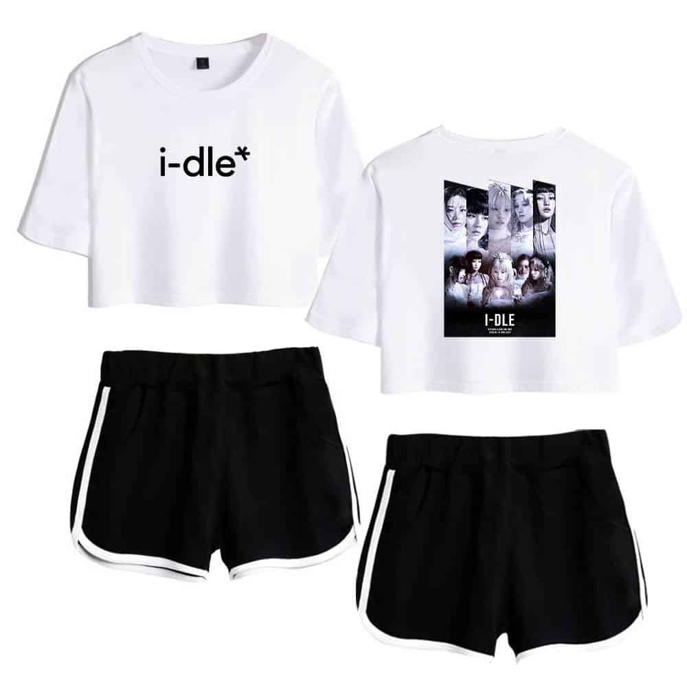 I-dle graphic t-shirts and sporty black shorts with white trim, affordable high-quality merchandise, perfect for fans and casual wear.