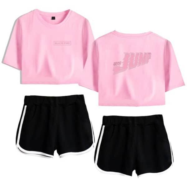 Black pink pink oversized crop top set with logo print and black athletic shorts with white trim, affordable and high quality.