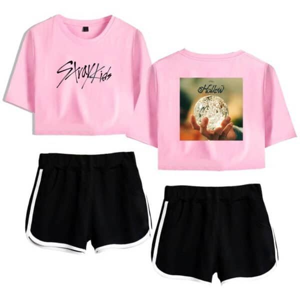 Pink cropped t-shirts with trendy graphic prints for kids and teens, paired with black athletic shorts for a stylish, casual look. Affordable high-quality merchandise for everyday wear.