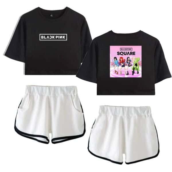 Blackpink graphic crop top and white athletic shorts, trendy and affordable team apparel for fans. High-quality casual wear perfect for concerts or everyday style.