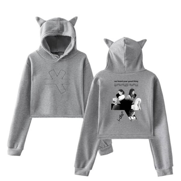 Unisex gray hoodie featuring a cute cat ear hood design and graphic print, perfect for casual wear. Comfortable, stylish, and affordable high-quality merchandise for fans and fashion enthusiasts alike.