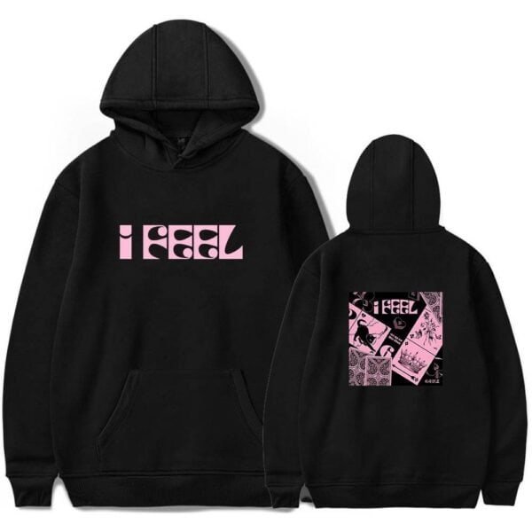 Felt hoodie with pink "I FEEL" text and graphic design, high quality and affordable, ideal for stylish casual wear.