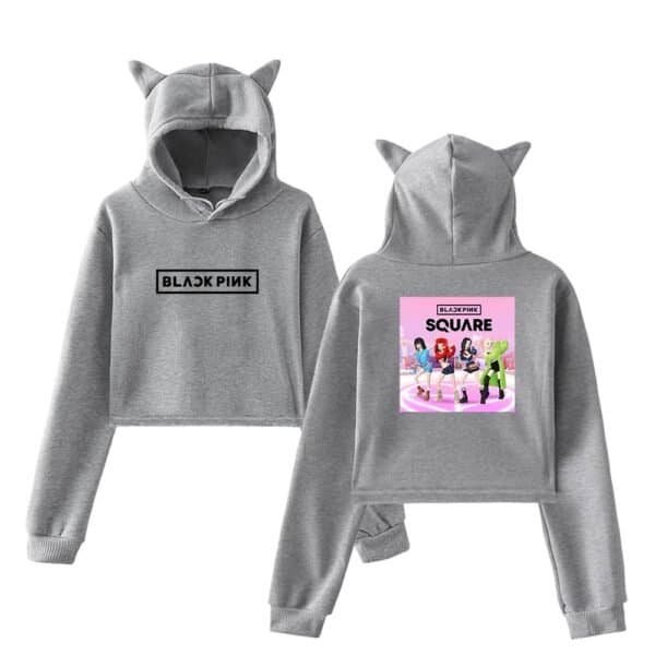 Cute grey hoodie and sweatpants set with black pink pink and green character graphics, perfect for casual wear and comfy style. high quality, affordable prices, ideal for fans of K-pop and streetwear.