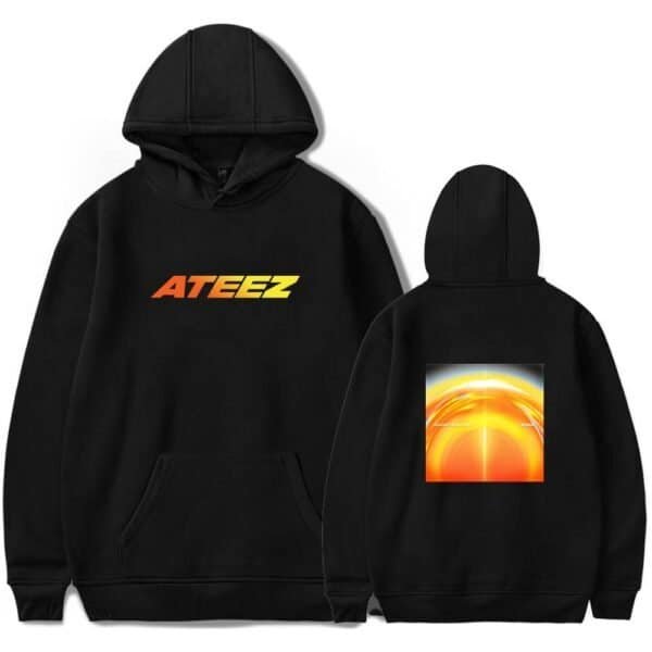 Ateez black hoodie with colorful logo front and cosmic graphic back, made of affordable high-quality material, perfect for fans, casual wear, or merchandise collection.