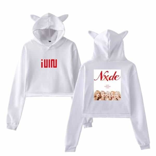 Iuni white hoodie with cat ears, cheap high-quality merch.