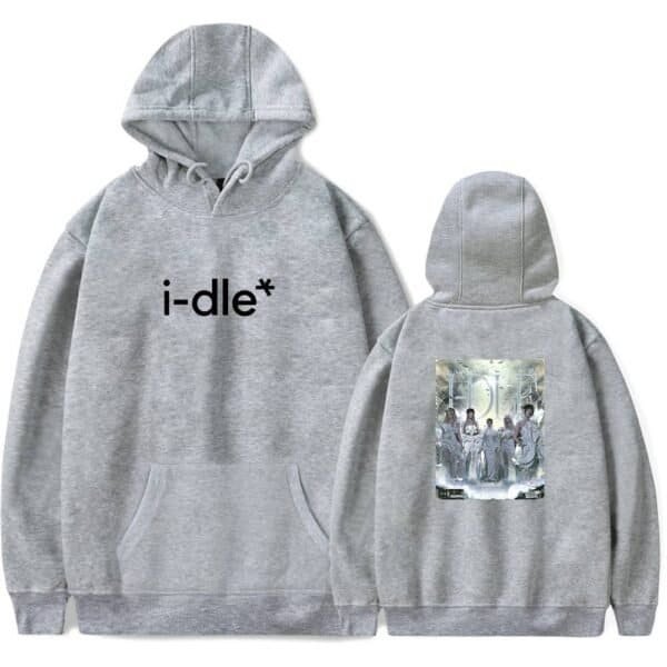 I-dle hoodie, cheap high quality merch, stylish gray hoodie featuring BLACKPINK's BLACKPINK merchandise, cozy and affordable, perfect for K-pop fans and casual wear, with front pocket and back graphic design, ideal for fans of the popular girl group.