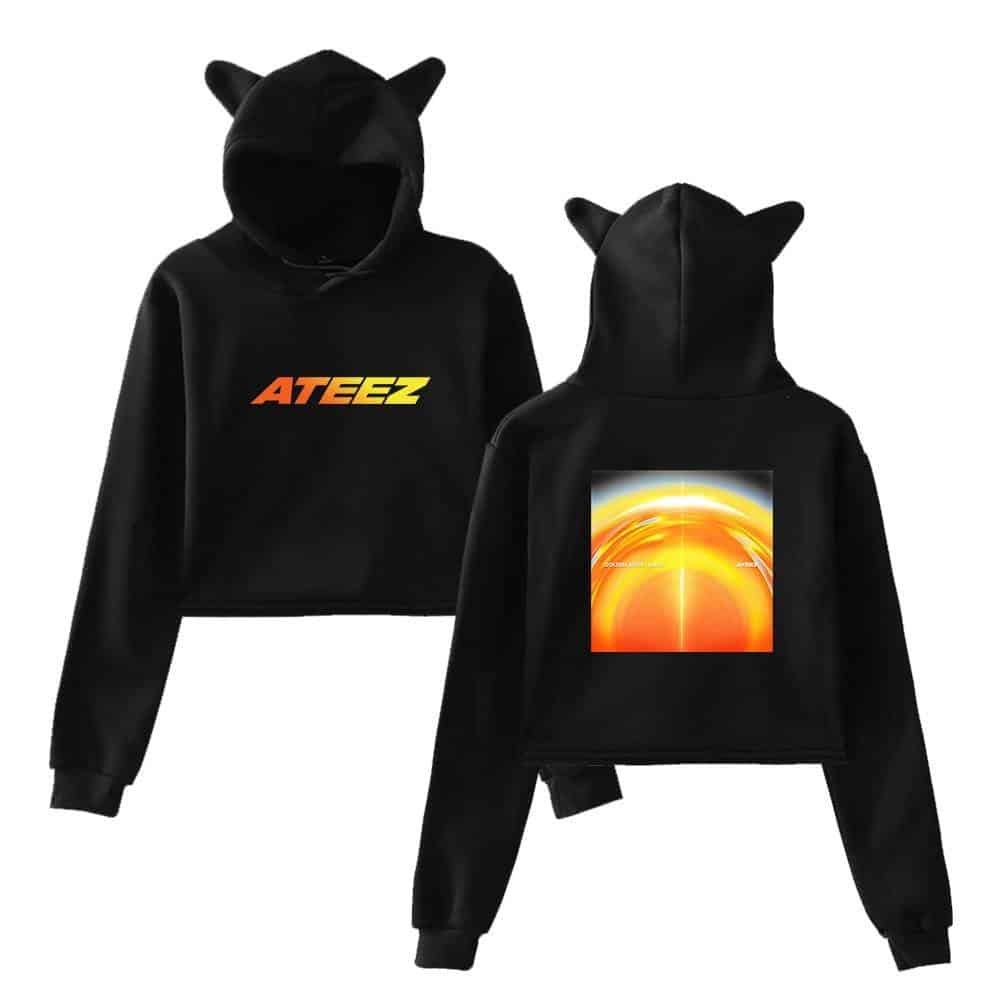 Black hoodie with "ATEEZ" logo in gradient colors and a vibrant sun illustration on the back, featuring playful cat ear hoodie design for stylish merch.