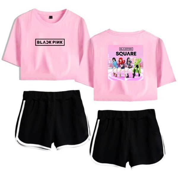 Black pink square t-shirt and shorts set, affordable and high-quality merchandise featuring K-pop girl group designs, perfect for fans seeking stylish and budget-friendly apparel.
