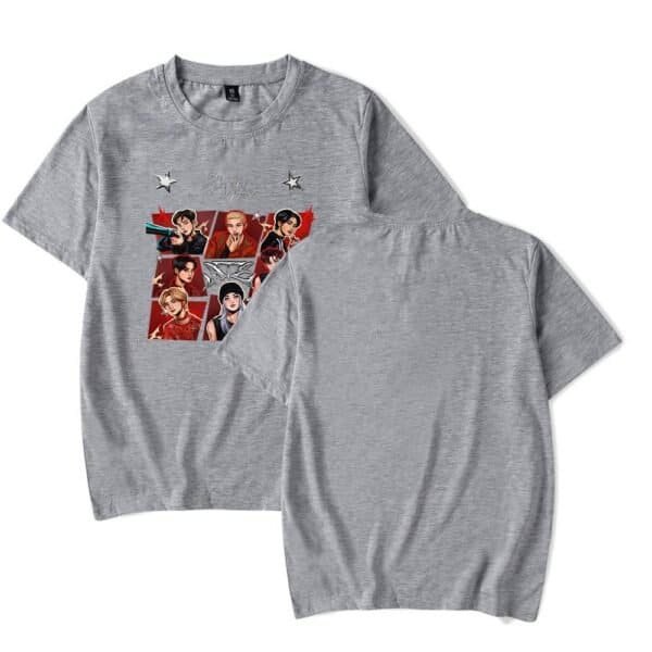 High-quality grey graphic T-shirt featuring animated characters, affordable price, durable fabric, perfect for casual wear and fan merchandise collections.