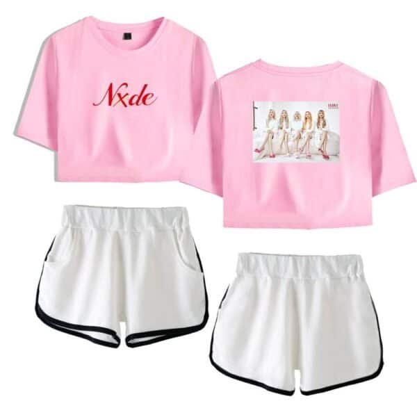 Nkde pink graphic crop top and white shorts set, casual trendy matching outfits, high-quality comfortable fabric, affordable price, fashionable summer wear for women.