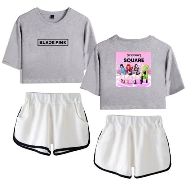 Blackpink merchandise set featuring cropped sweatshirts and sporty shorts, perfect for fans seeking affordable, high-quality apparel with trendy designs.
