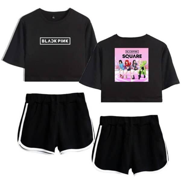 Black pink merchandise, black and pink themed casual outfits for fans.