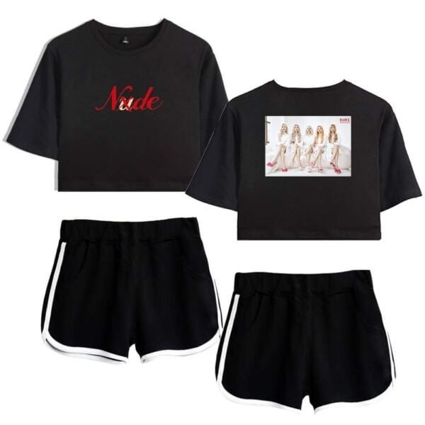 Nude crop top and shorts set, black with stylish designs, affordable high-quality merchandise for casual wear or trendy outfits, perfect for fans or fashion enthusiasts.