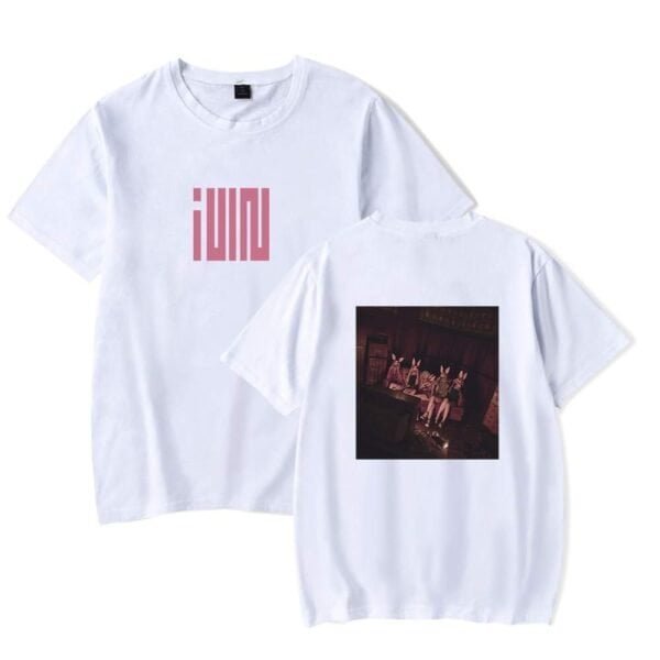 High-quality white graphic T-shirt with bold pink text on front and artistic photo print on back, affordable and stylish merchandise option.