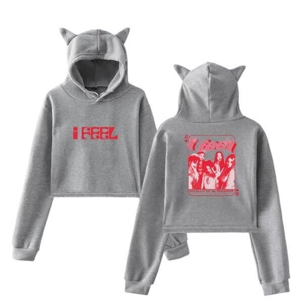 I feel grey hoodie set with cat ear hood, affordable trendy merchandise for casual wear.