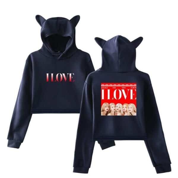 Hooded sweatshirt with cute cat ears, "I LOVE" printed on front, stylish and affordable for high-quality merch, perfect for casual wear and fans of fun fashion or themed apparel.