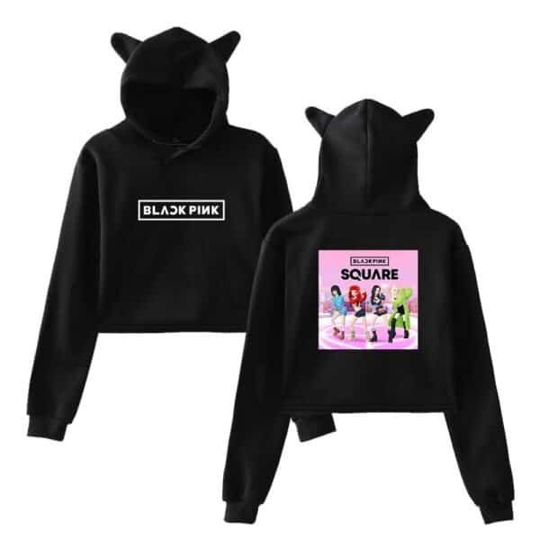 Black hoodie with animal ears, featuring BLACKPINK logo and Squad illustration, made of affordable, high-quality material suitable for fans.
