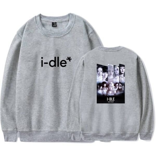 I-dle sweatshirt with front text and group photo back design.