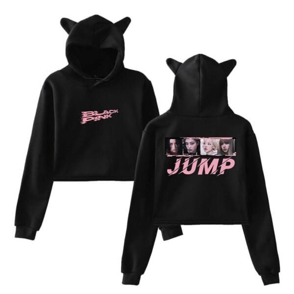 Black hoodie with cute cat ears, featuring vibrant pink graphic designs and images of four women, blending trendy style with affordable, high-quality merchandise.