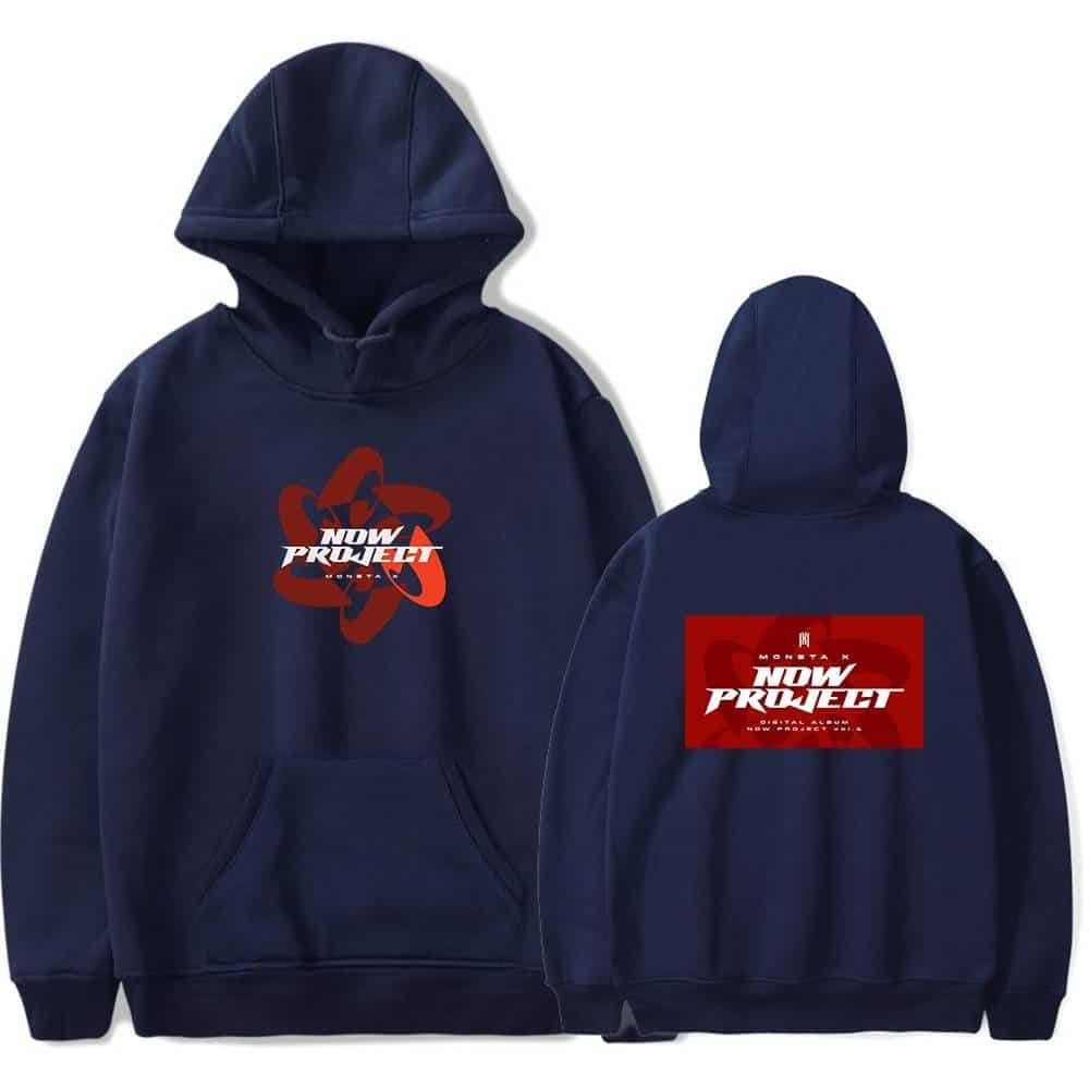Soft navy hoodie with bold "Now Project" logo and red atom design, perfect for affordable streetwear or gaming merch.