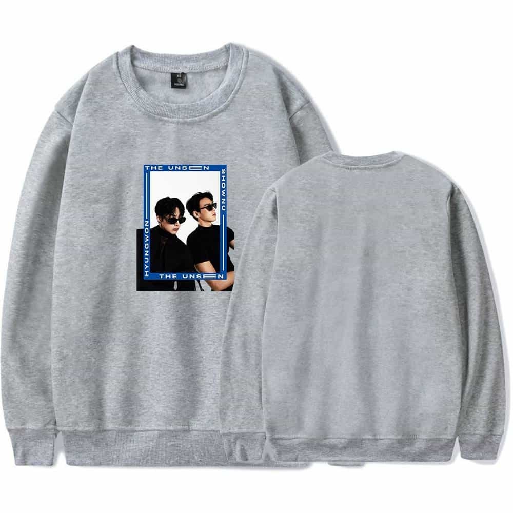 Affordable high-quality gray sweatshirt featuring a stylish graphic print of two models with sunglasses, perfect for casual wear and showing off trendy street style.