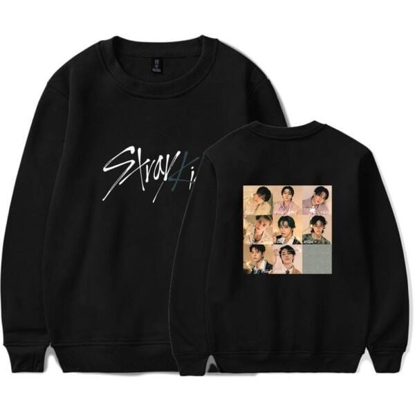 Black sweatshirt with "Stay" and a collage of K-pop idols on the back, casual and trendy, high-quality fabric, affordable price, ideal for fans and daily wear.