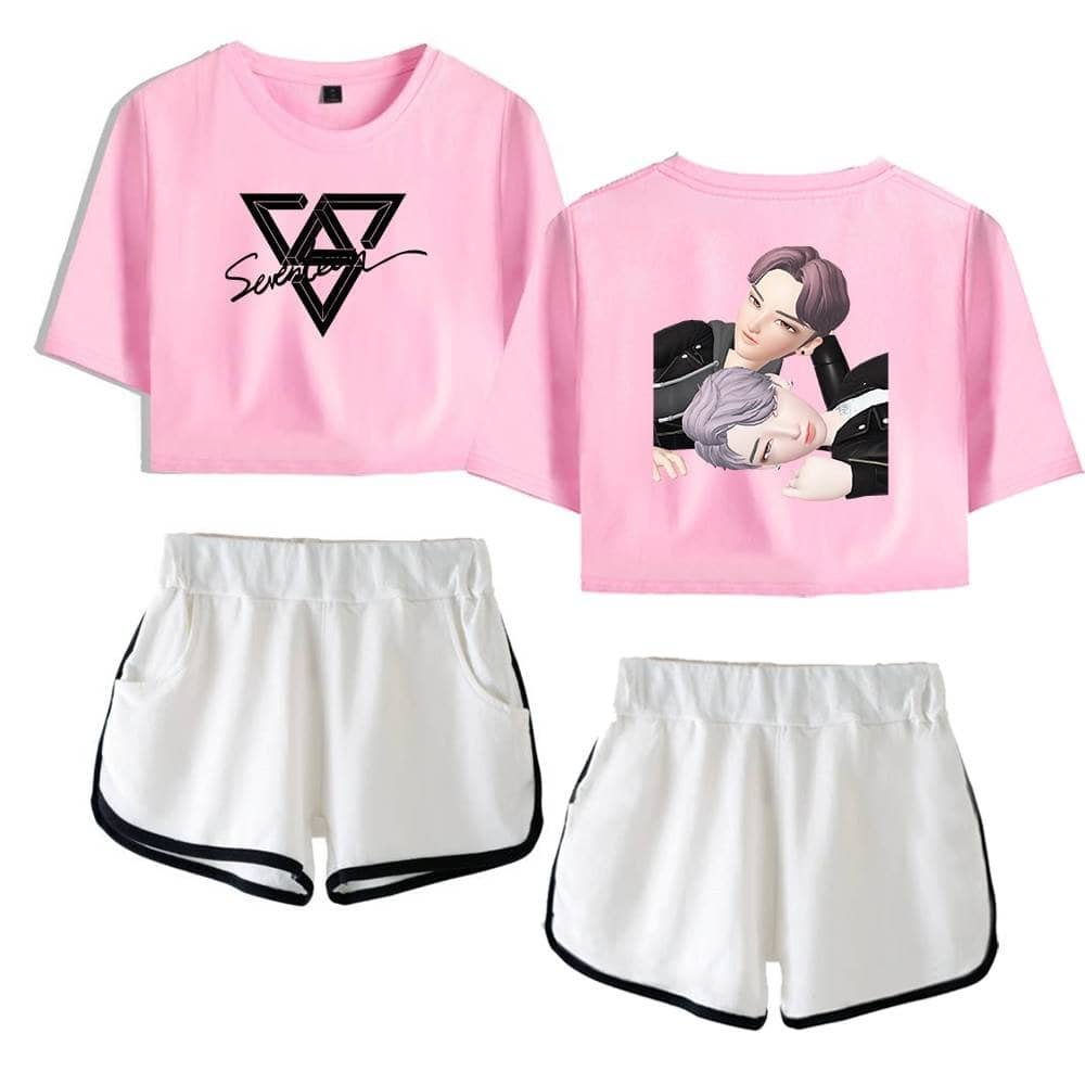 Pink cropped T-shirt with graphic design and white athletic shorts, casual streetwear outfit, high quality fabric, trendy and affordable, perfect for everyday wear or sporty activities, stylish and comfortable.