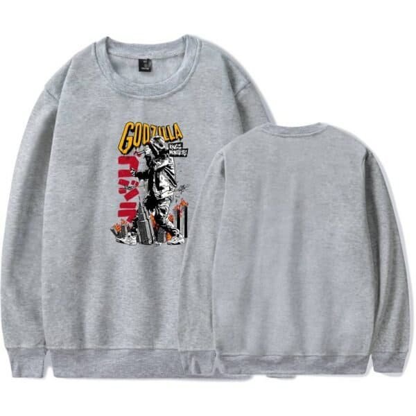 GODZILLA King of Monsters sweatshirt with graphic print, affordable high-quality casual wear in gray, perfect for fans of monster movies and streetwear style.
