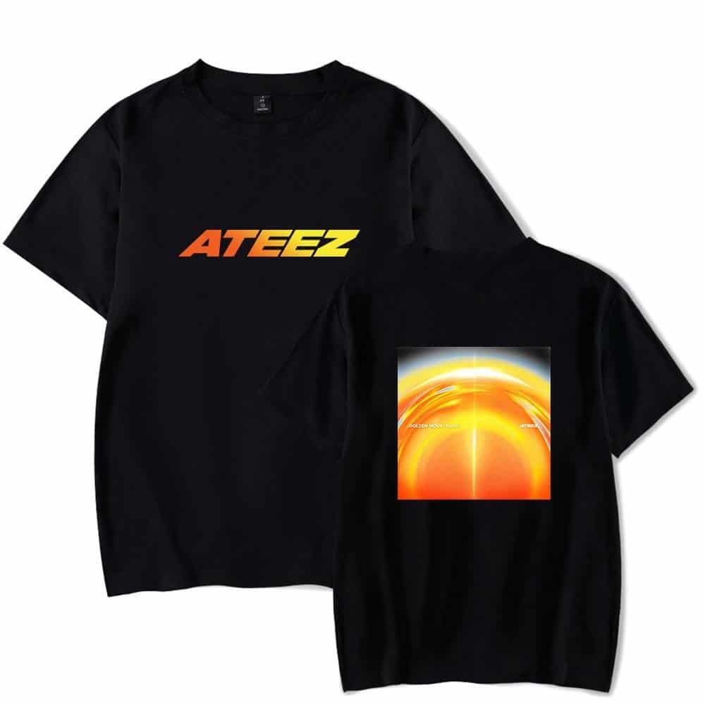 Ateez merchandise t-shirt with logo and abstract sun artwork, high-quality casual wear for fans, affordable price for stylish and durable apparel.
