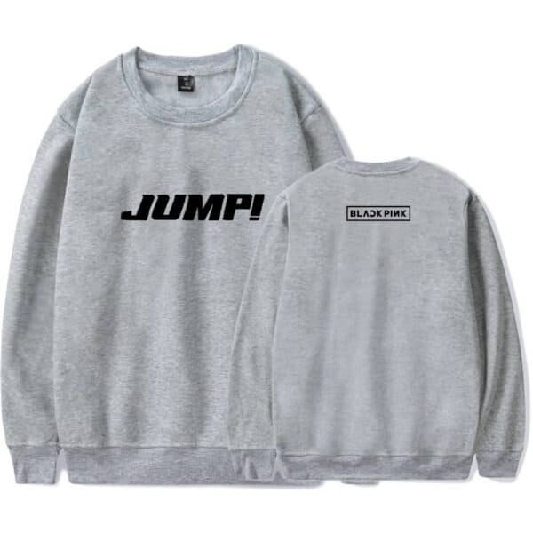 Jumper sweatshirt with Jump! text on front and BLACKPINK on back, casual style, grey color, affordable high-quality merch.