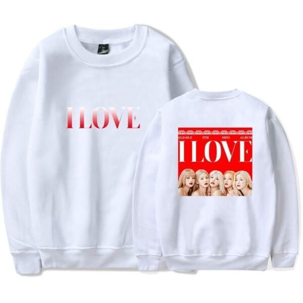 White sweatshirt with "I LOVE" text and girl group photo, multicolor, casual merch, trendy, affordable high-quality apparel, popular fan merchandise.