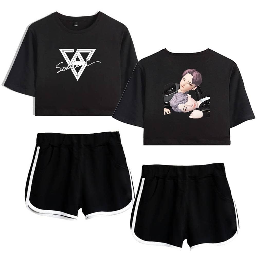 Black crop top with graphic logo and cartoon print, black sports shorts with white piping, trendy casual athletic wear for women, affordable high-quality merchandise perfect for workouts or streetwear.