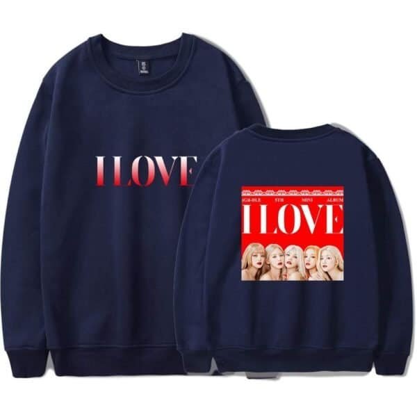 I Love Sweatshirt with a bold red "I LOVE" text on the front and a graphic featuring the girl group I-LAND on the back, perfect for fans seeking affordable, high-quality merchandise.