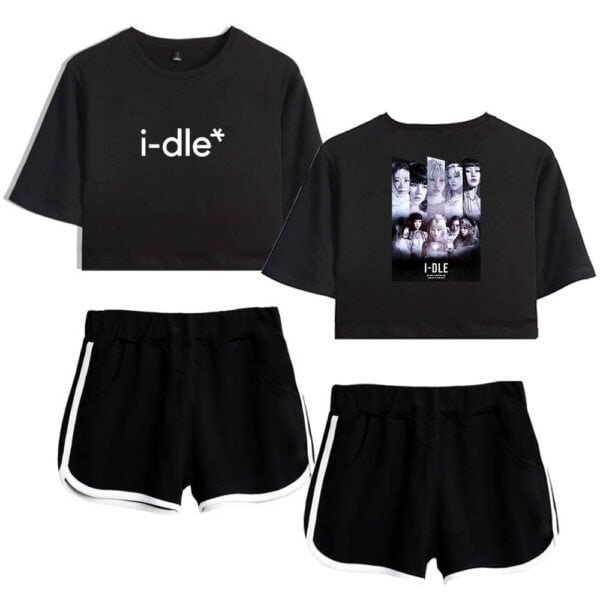 Affordable high-quality casual loungewear set featuring a crop top with "i-dle" text and matching shorts, perfect for comfortable, stylish everyday wear.