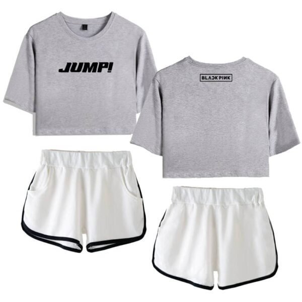 Jump! graphic crop top sweatshirt with Black Pink logo on back, paired with white athletic shorts with black trim, affordable high-quality apparel set.