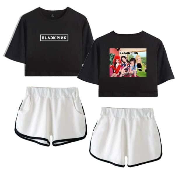 Black pink band t-shirt and shorts set, casual and affordable high-quality merchandise, perfect for fans of the popular K-pop group with stylish design and comfortable fit.