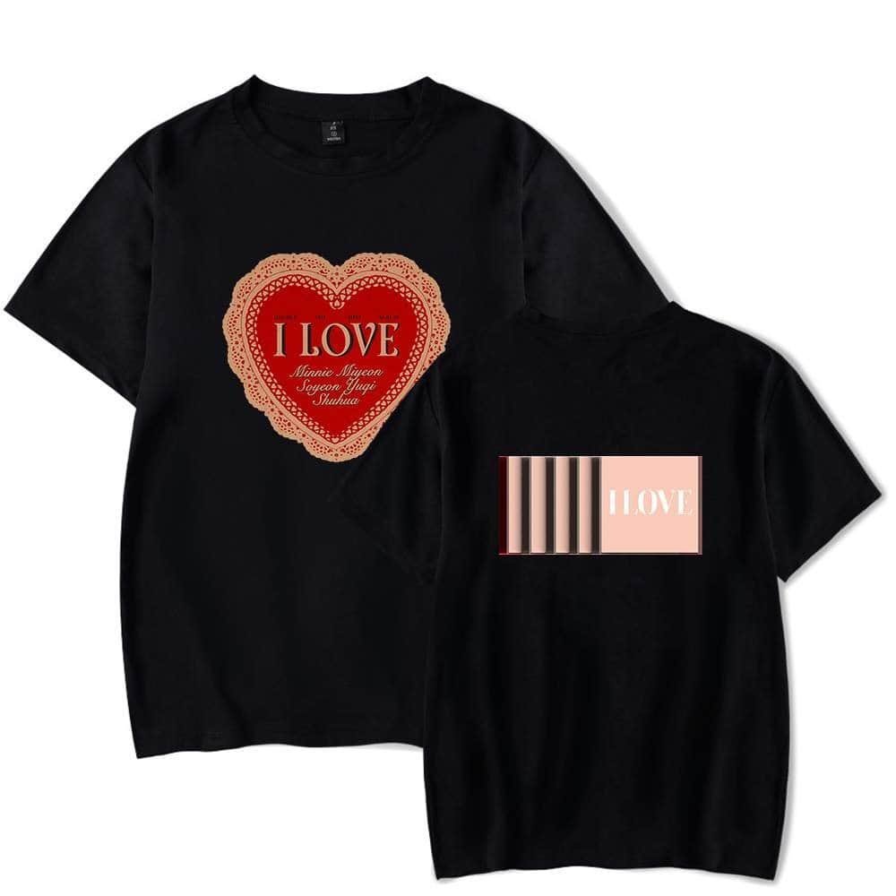 I LOVE heart-shaped design T-shirt with text for lovers, featuring affordable and high-quality material. Perfect for expressing affection with stylish and budget-friendly merch.