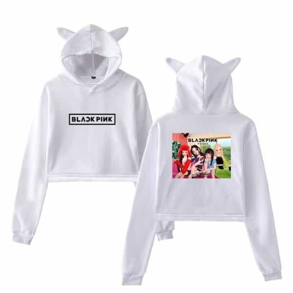 Blackpink hooded sweatshirt with cute animal ears design, affordable high-quality merch, perfect for fans and casual wear.