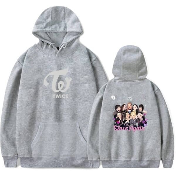 Comfy gray TWICE hoodie with cartoon Girls logo, perfect for fans, affordable high-quality merchandise, casual and stylish, ideal for everyday wear.